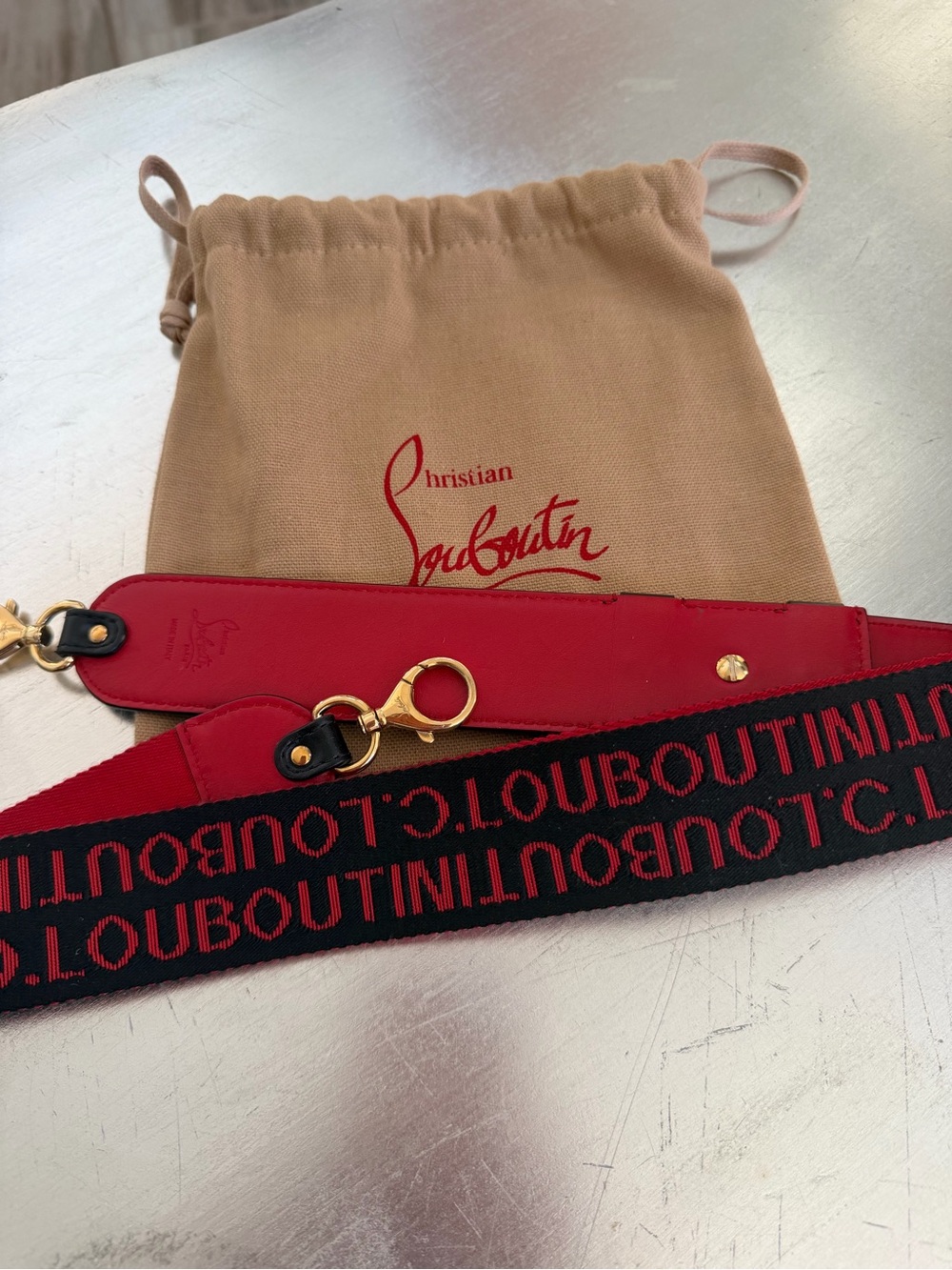 Christian Louboutin Red and Black Logo Shoulder Strap with Gold Hardware